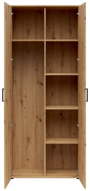 Offener Mehrzweck-Vorratsschrank aus Holz mit mehreren Regalböden, frontale Ansicht.