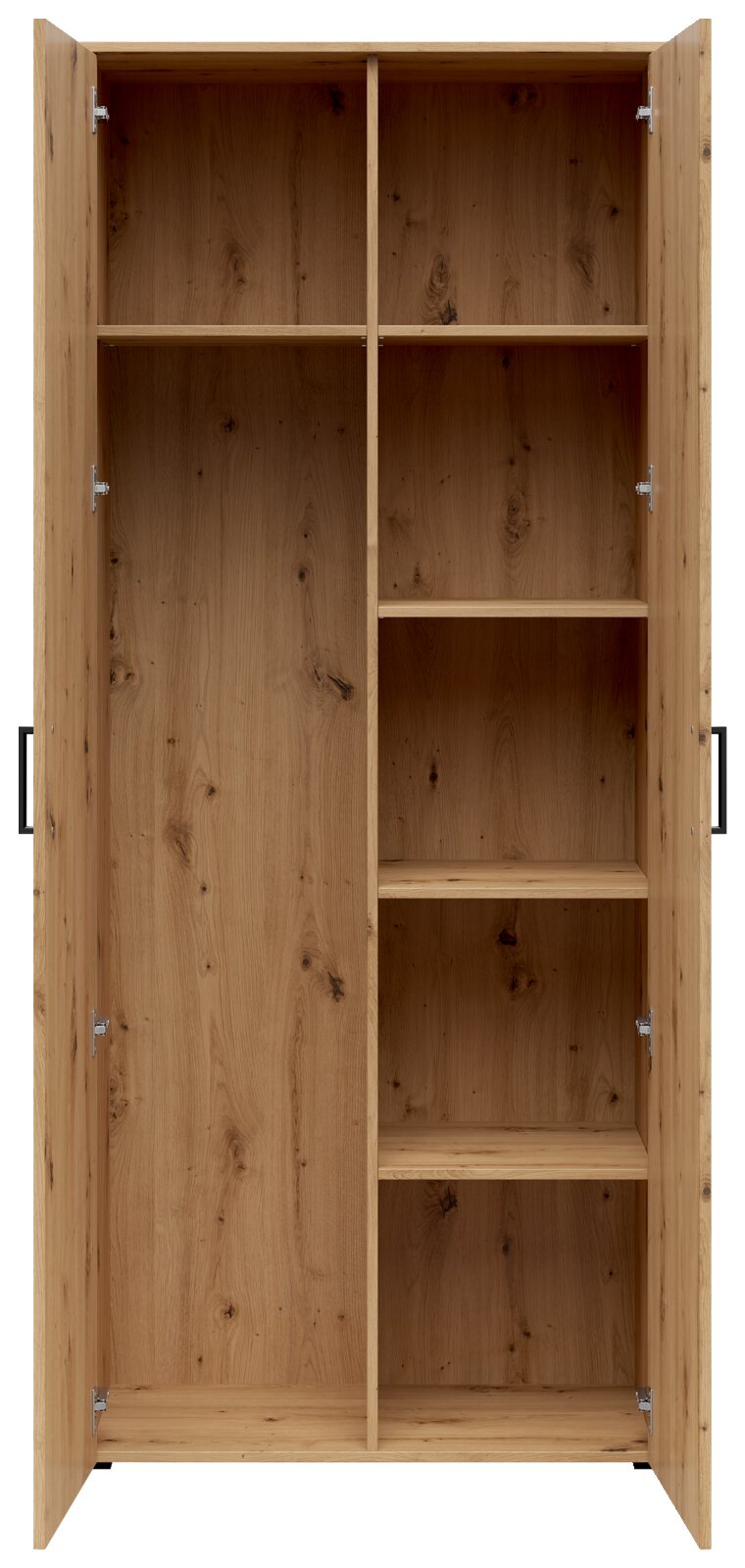 Offener Mehrzweck-Vorratsschrank aus Holz mit mehreren Regalböden, frontale Ansicht.
