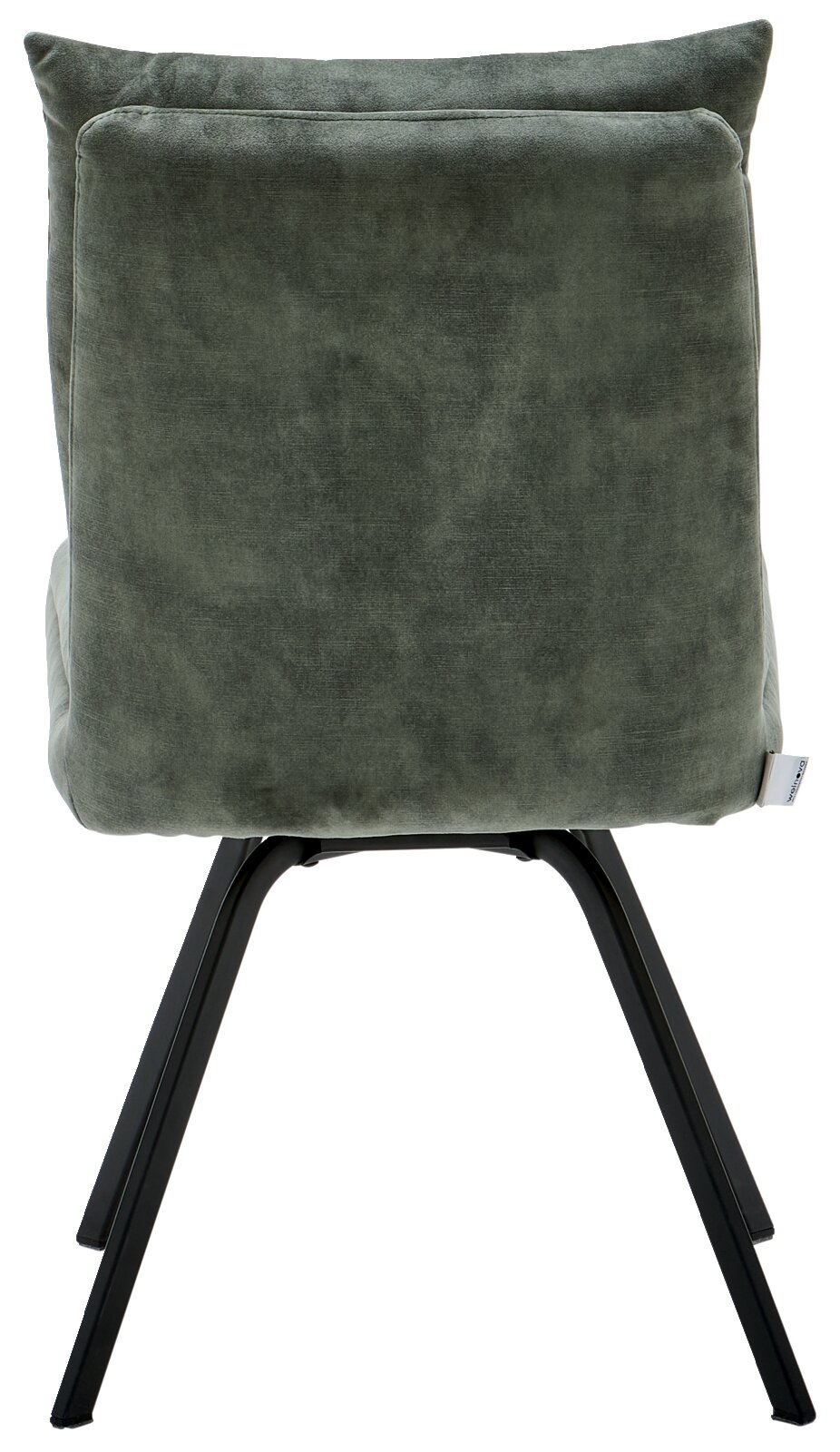 Achterkant van een groene stoel met een zwart metalen frame