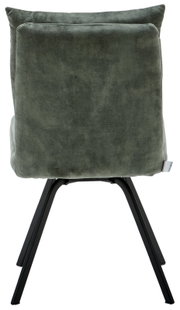 Achterkant van een groene stoel met een zwart metalen frame