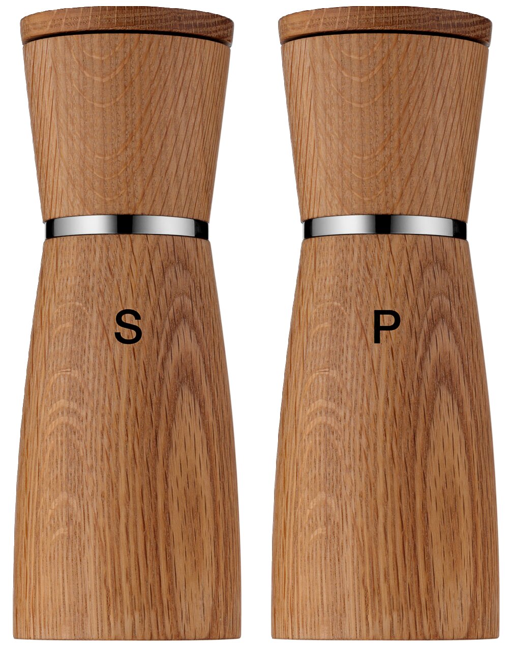 Zwei Salz- und Pfeffermühlen aus Holz mit metallischem Ring, frontal abgebildet.