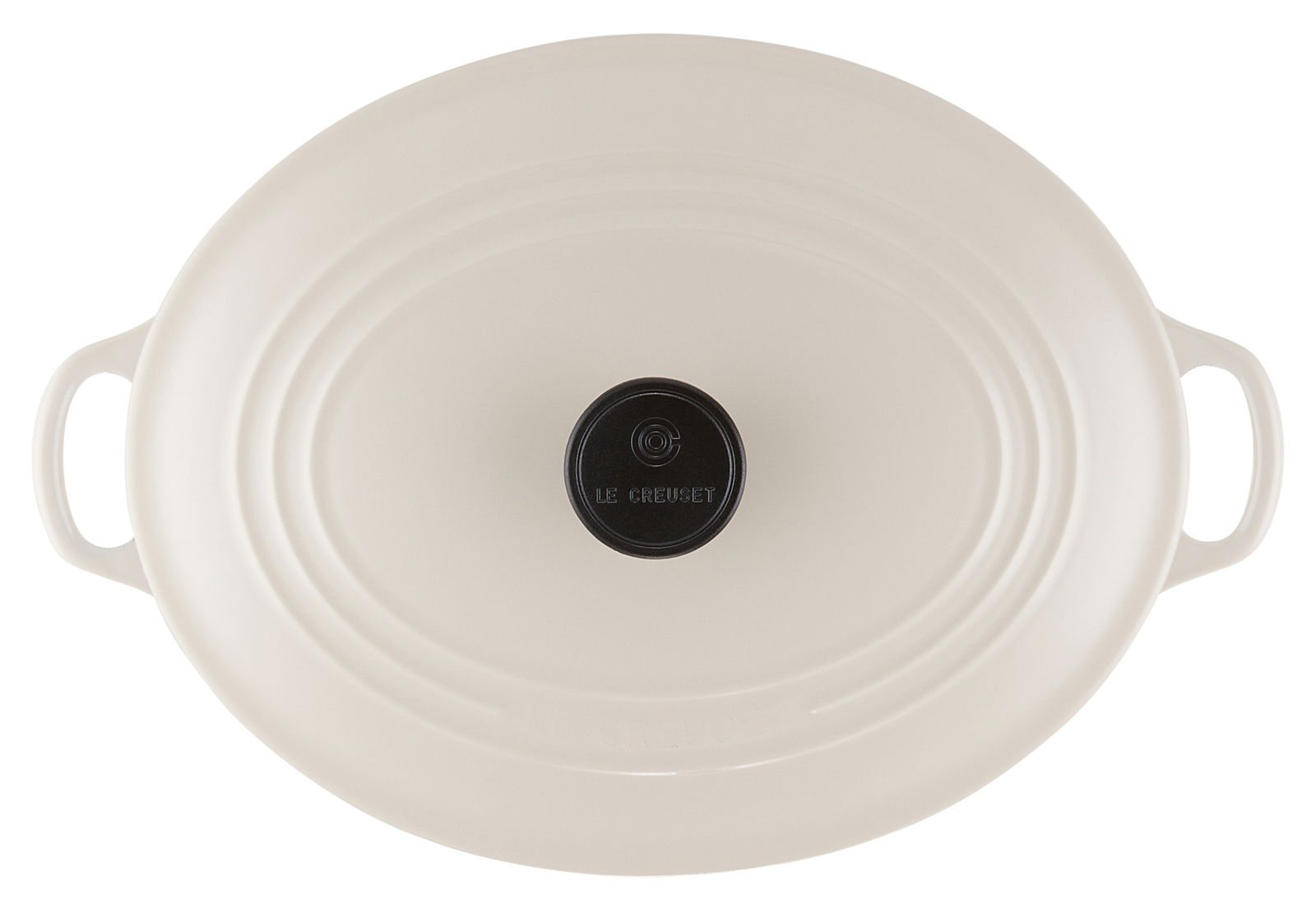 Ovaler cremefarbener Bräter mit zwei Griffen und schwarzem Knauf, Draufsicht