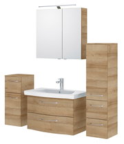 Moderner Badblock in Holzoptik mit Waschbecken, Spiegelschrank und Stauraum, Frontalansicht
