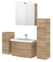 Moderner Badblock in Holzoptik mit Waschbecken, Spiegelschrank und Stauraum, Frontalansicht