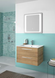 Moderner Badblock mit Holzoptik und zwei Schubladen, darunter ein beleuchteter Spiegel. Perspektive: Frontalansicht.