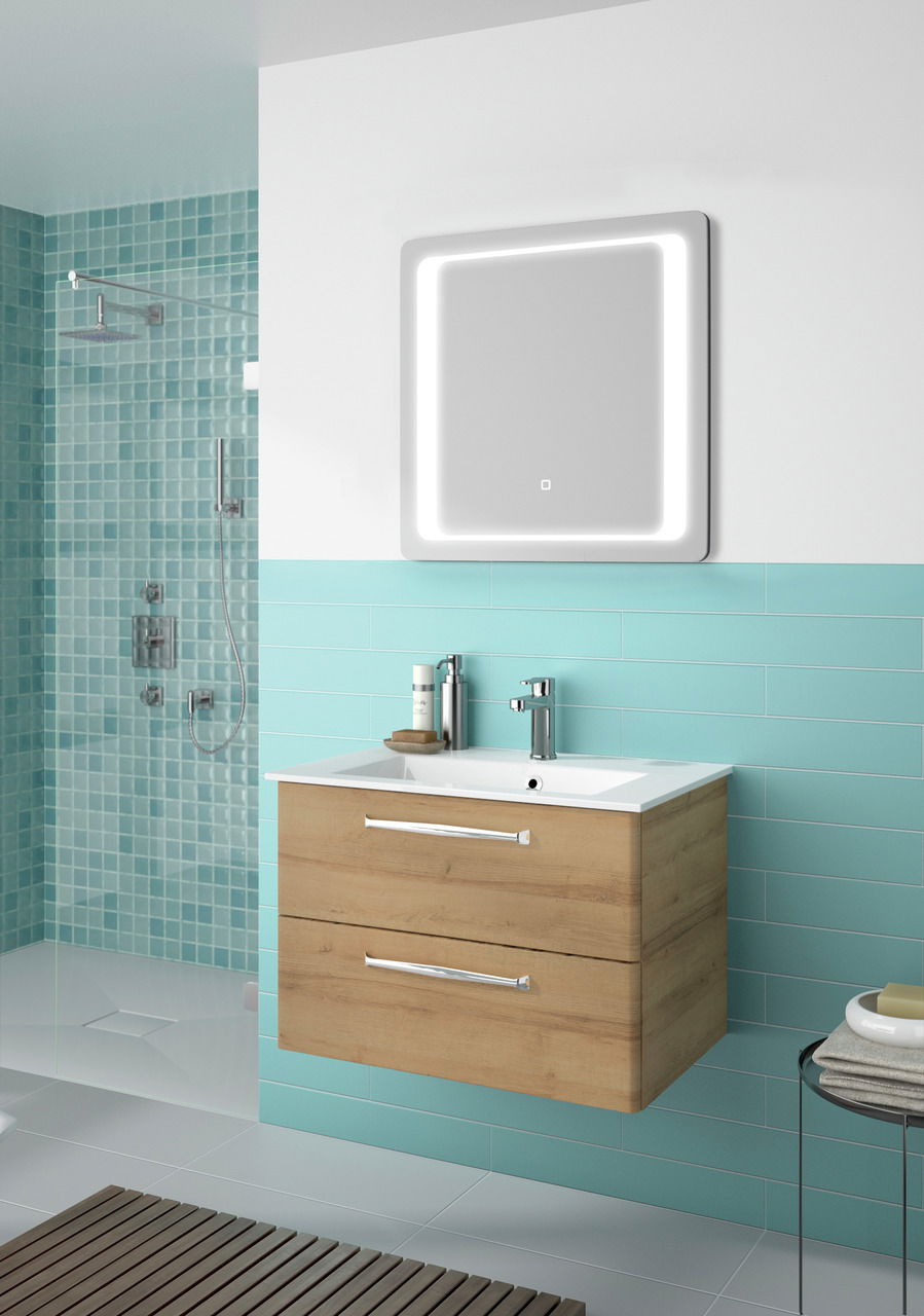 Moderner Badblock mit Holzoptik und zwei Schubladen, darunter ein beleuchteter Spiegel. Perspektive: Frontalansicht.