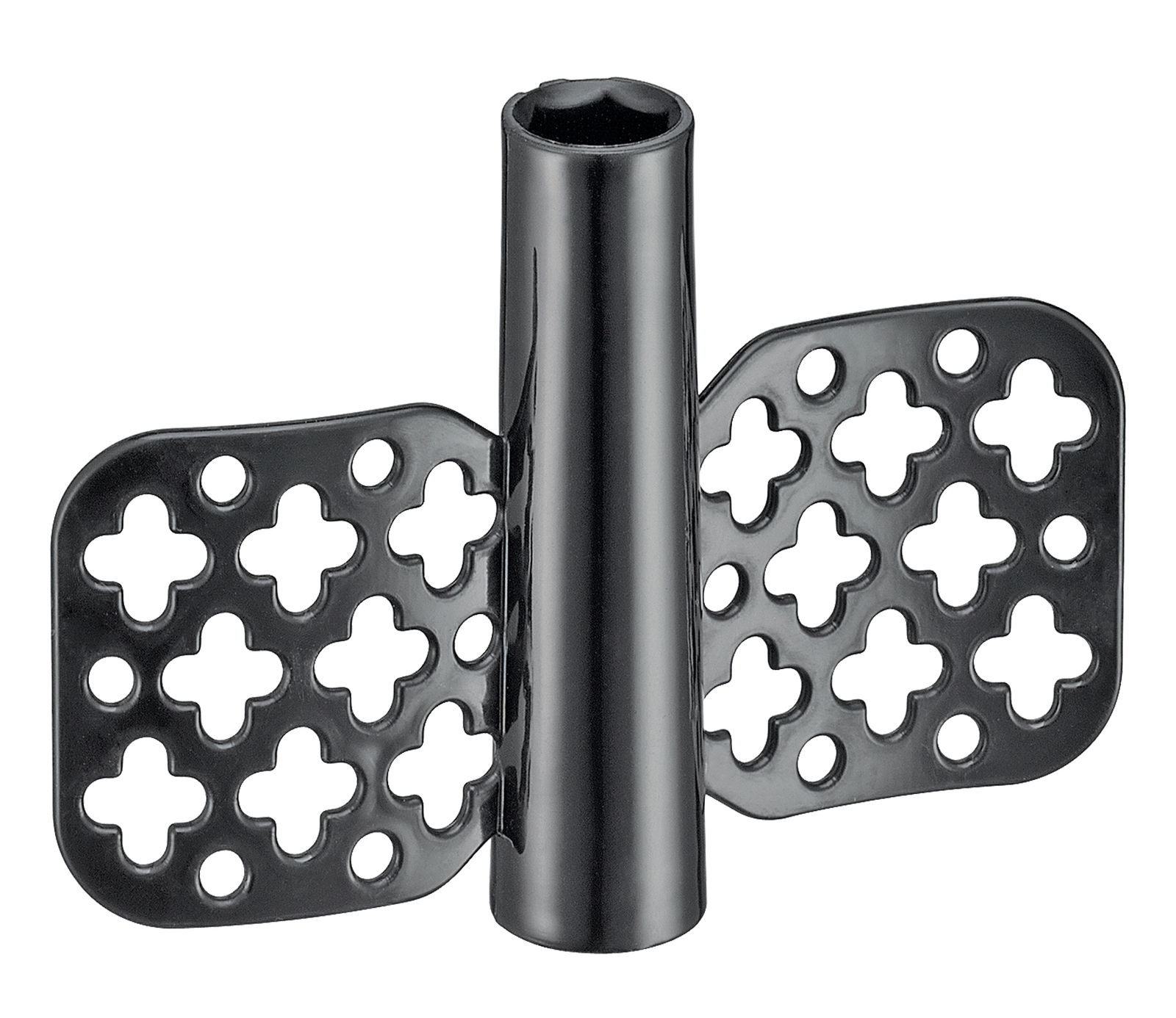 Schwarzes Kunststoffteil mit durchbrochenem Design, frontal abgebildet, vermutlich ein Zubehör für den Multischneider Turbo.