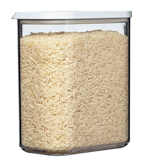 Mepal Vorratsdose 1500 ml MODULA Vorratsdose Modula 1500 ml mit weißem Deckel, gefüllt mit Reis, aus der Frontalperspektive