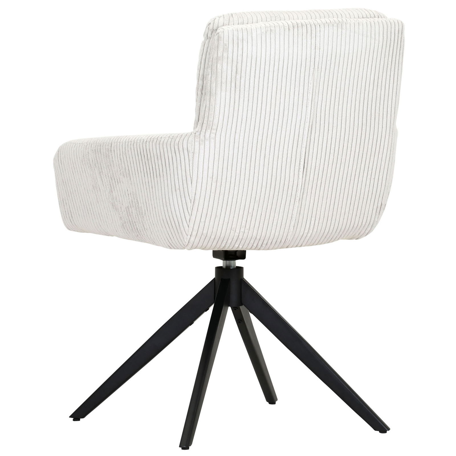 Z2 Armlehnstuhl ALMA Rückansicht eines modernen Armlehnstuhls mit hellem, gestreiftem Stoffbezug und schwarzem Metallgestell.