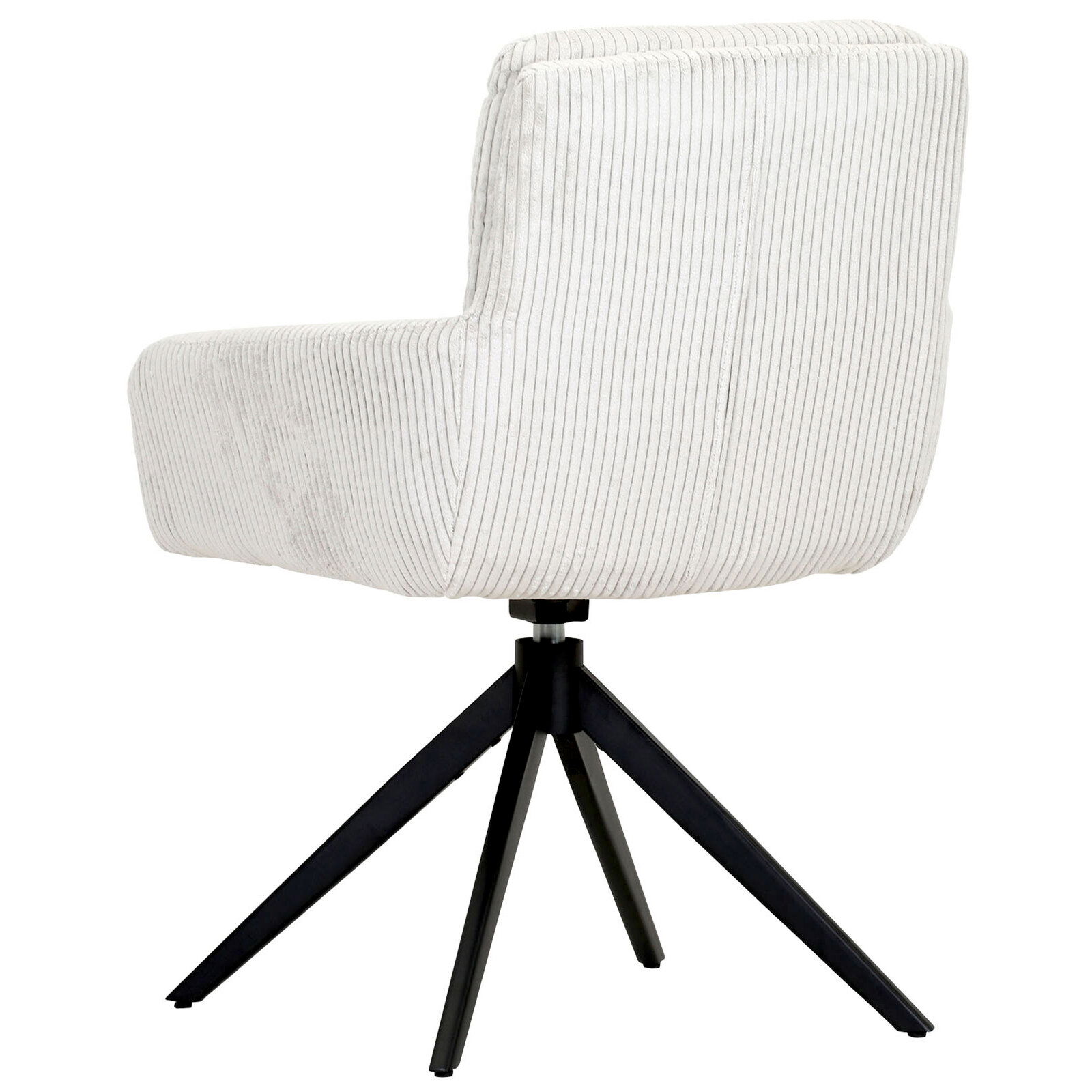 Z2 Armlehnstuhl ALMA Rückansicht eines modernen Armlehnstuhls mit hellem, gestreiftem Stoffbezug und schwarzem Metallgestell.