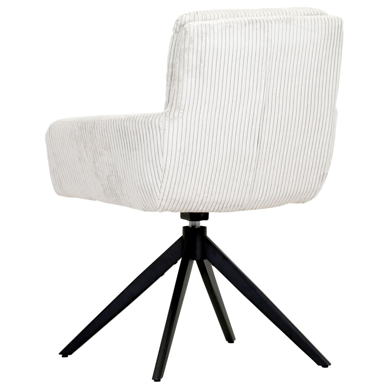 Z2 Armlehnstuhl ALMA Rückansicht eines modernen Armlehnstuhls mit hellem, gestreiftem Stoffbezug und schwarzem Metallgestell.