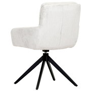 Rückansicht eines modernen Armlehnstuhls mit hellem, gestreiftem Stoffbezug und schwarzem Metallgestell.