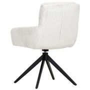 Rückansicht eines modernen Armlehnstuhls mit hellem, gestreiftem Stoffbezug und schwarzem Metallgestell.