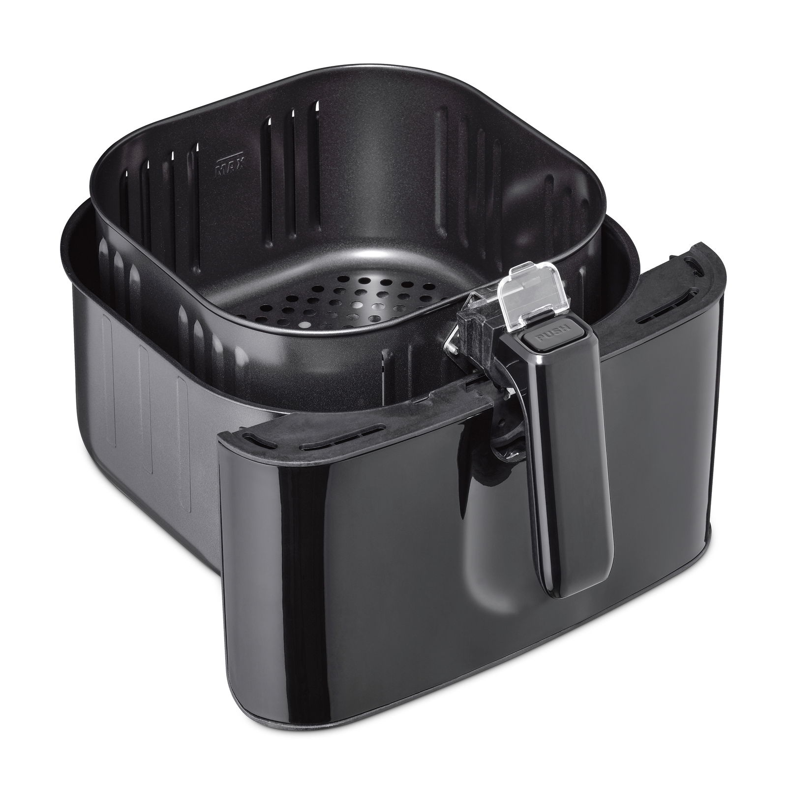 Schwarze Heißluftfritteuse aus der Perspektive von oben, mit herausgezogenem Frittierkorb.