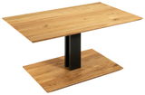 Moderner Couchtisch aus Holz mit schwarzem Metallgestell, seitliche Perspektive