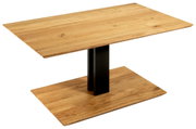 Moderner Couchtisch aus Holz mit schwarzem Metallgestell, seitliche Perspektive