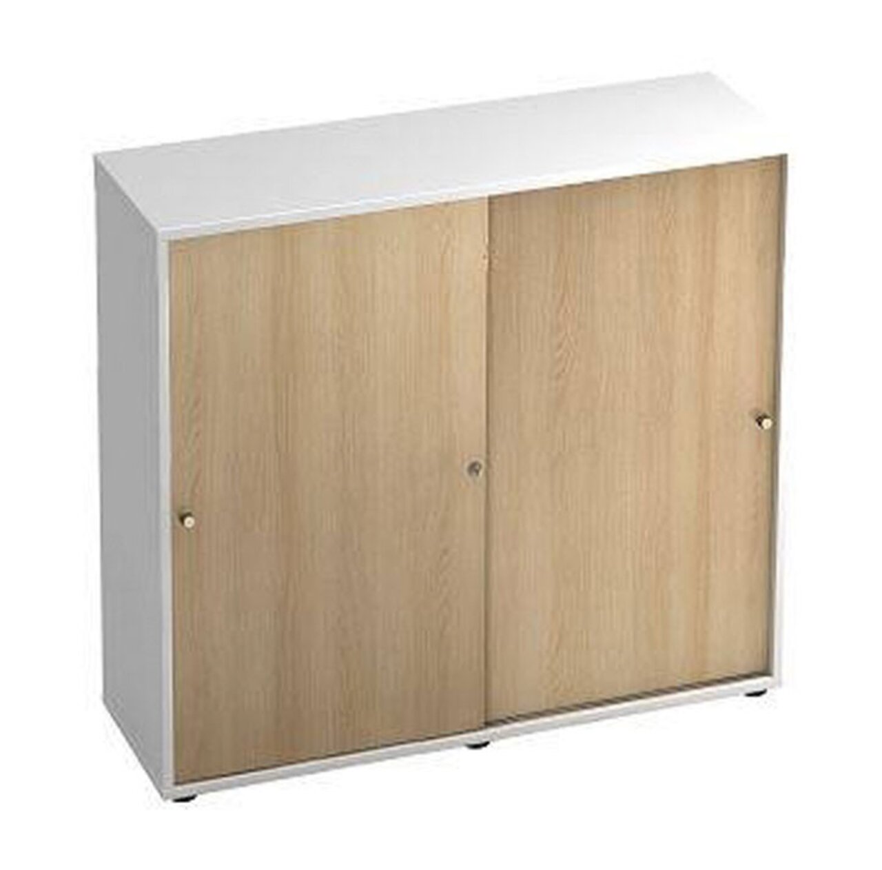 Schiebetürenschrank aus Holz mit weißem Rahmen, Ansicht von vorne.