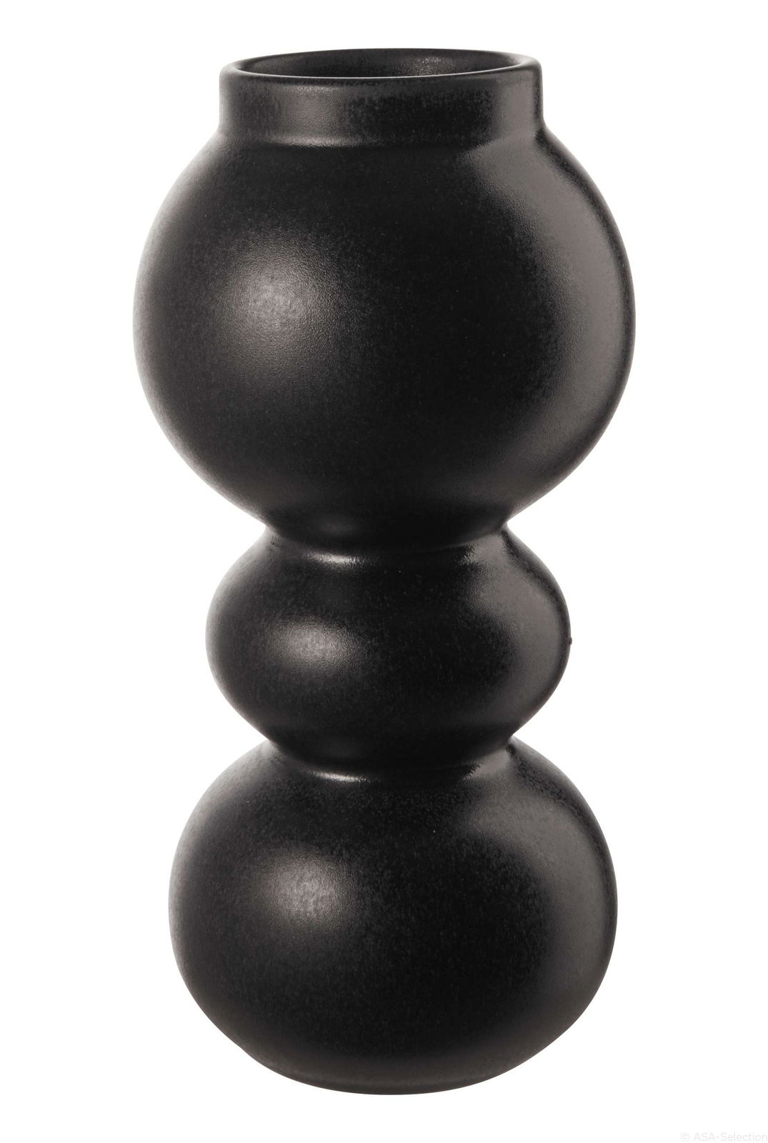 Schwarze Eisenvase mit kugelförmigem Design, seitliche Perspektive