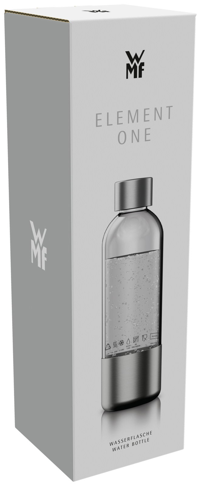 Verpackung einer Wasserflasche mit der Aufschrift 'Element One' und dem Logo von WMF, seitliche Perspektive