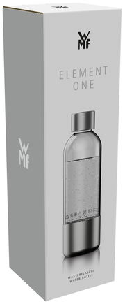 Verpackung einer Wasserflasche mit der Aufschrift 'Element One' und dem Logo von WMF, seitliche Perspektive