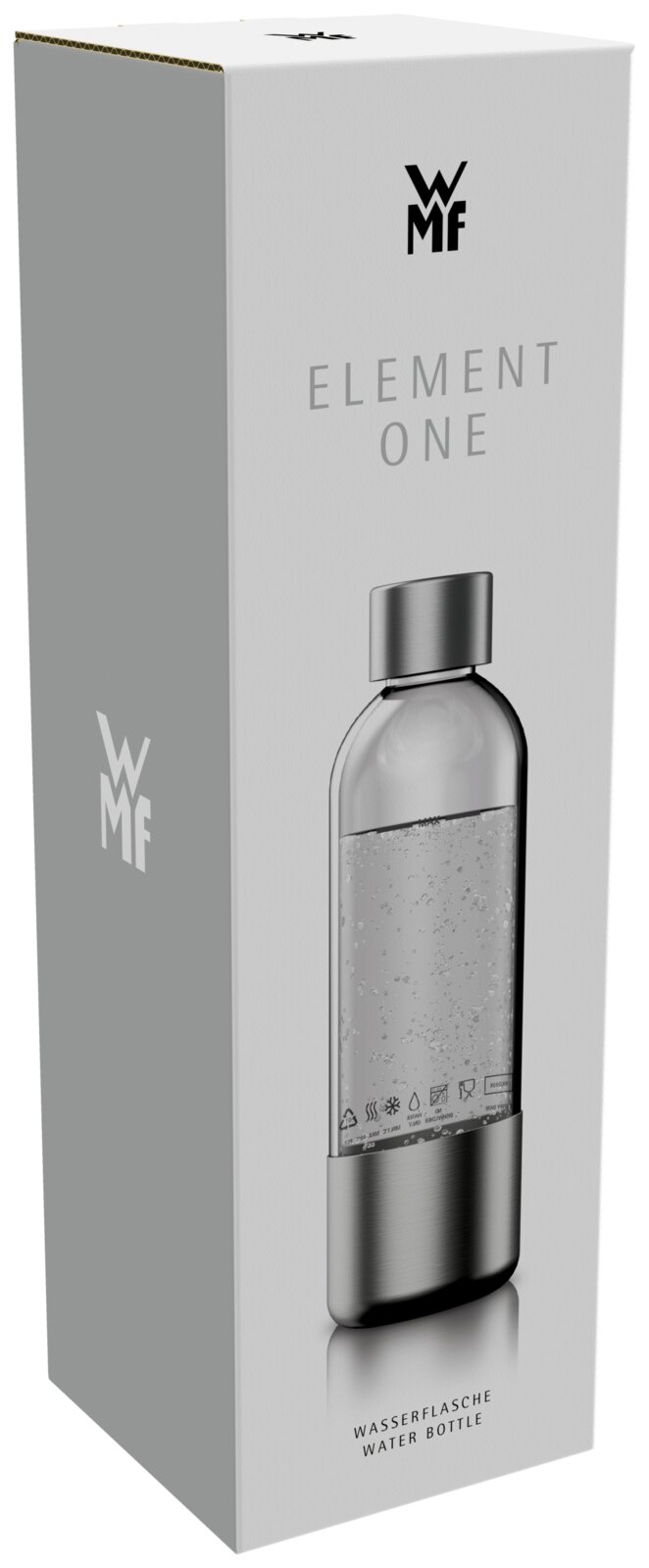 Verpackung einer Wasserflasche mit der Aufschrift 'Element One' und dem Logo von WMF, seitliche Perspektive
