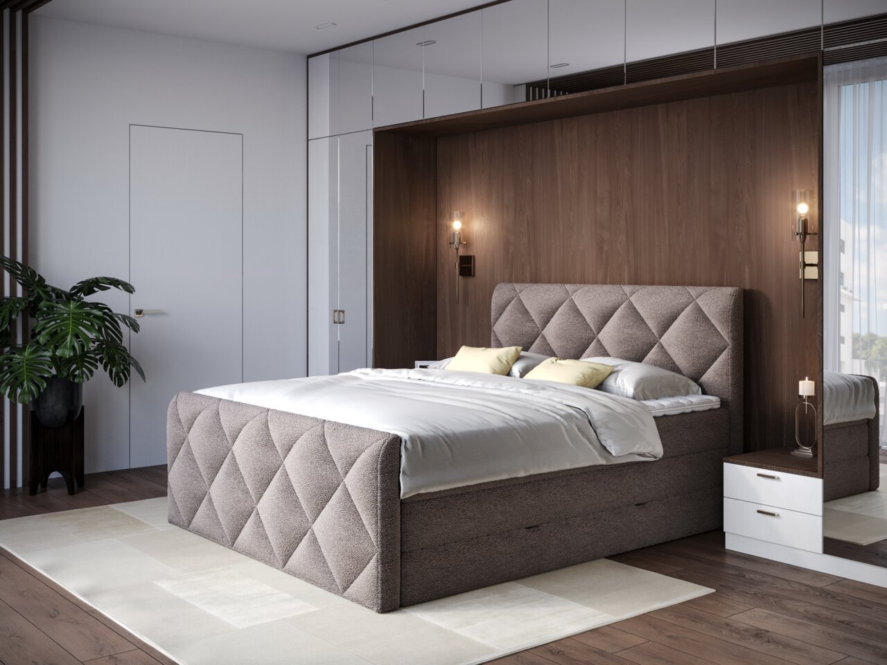 Modern boxspringbed in een stijlvolle slaapkamer, zijaanzicht