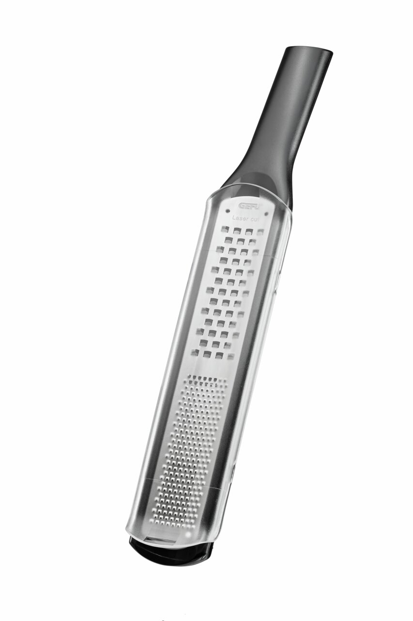 Fein- und Grobreibe RAFINO aus seitlicher Perspektive mit ergonomischem Griff und scharfen Klingen.