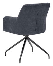 Rückansicht eines modernen Armlehnstuhls mit schwarzem Metallgestell und dunkelgrauem Stoffbezug.