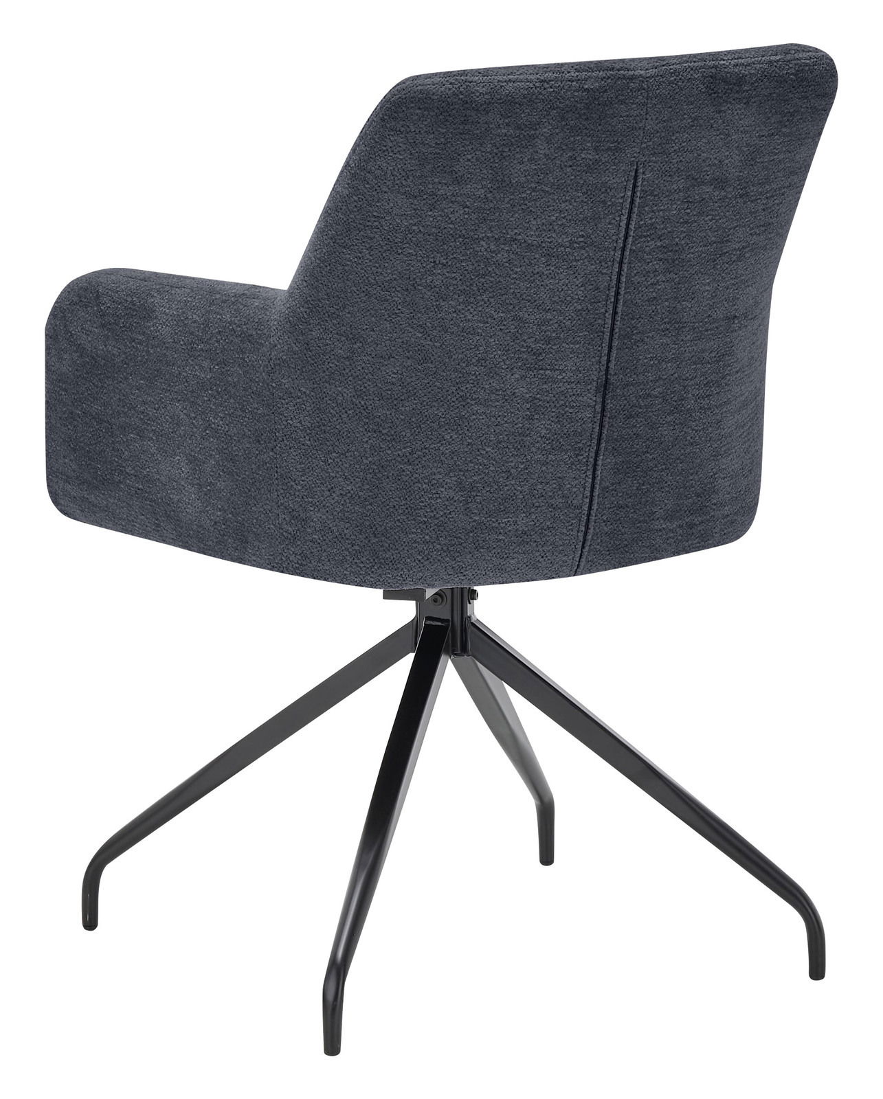 Rückansicht eines modernen Armlehnstuhls mit schwarzem Metallgestell und dunkelgrauem Stoffbezug.