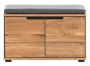 Frontansicht einer Garderobenbank aus Holz mit grauem Sitzpolster.