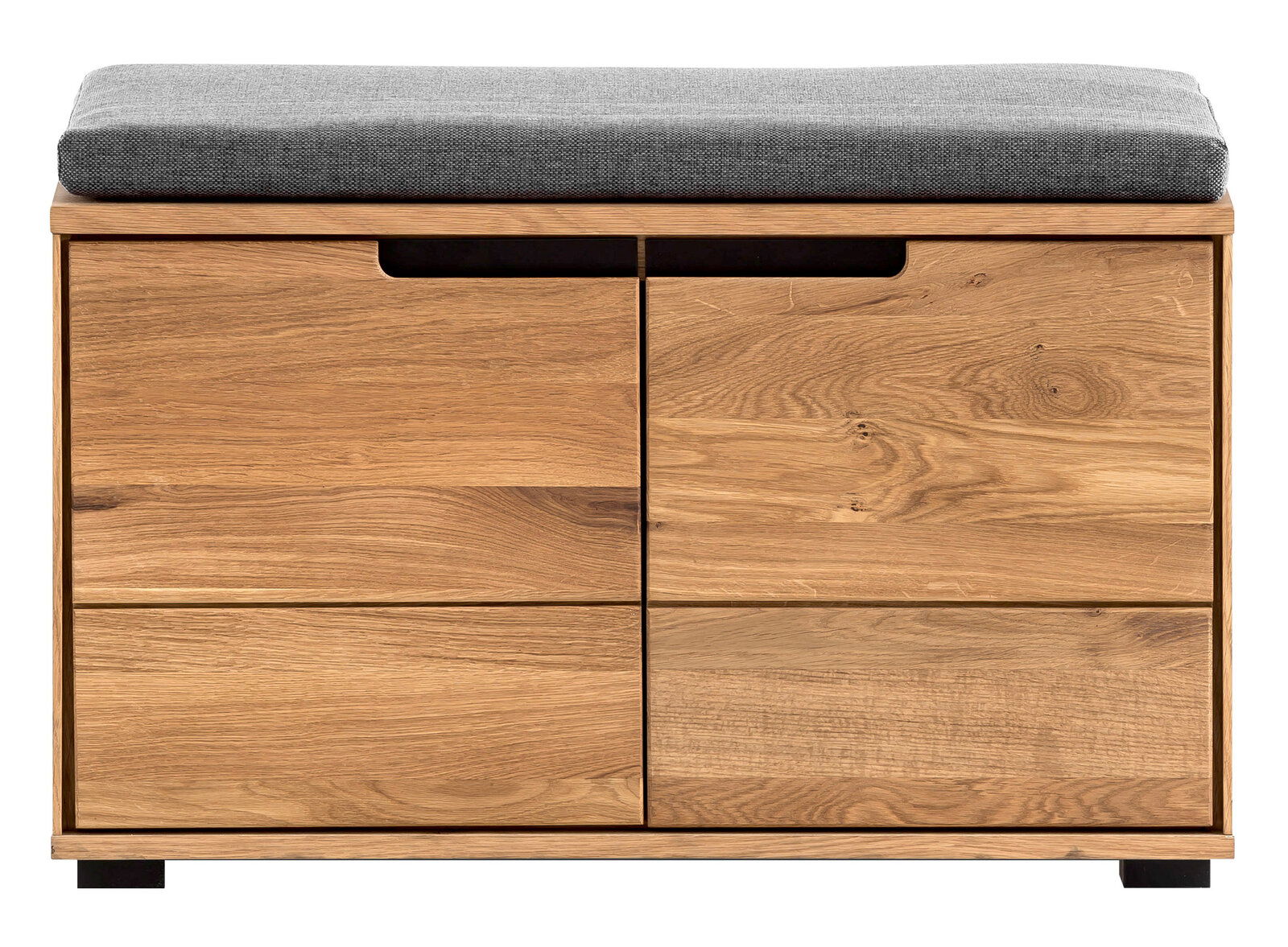 Frontansicht einer Garderobenbank aus Holz mit grauem Sitzpolster.
