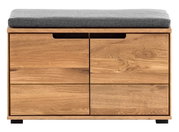 Vooraanzicht van een houten kapstokbank met grijze zitbekleding.