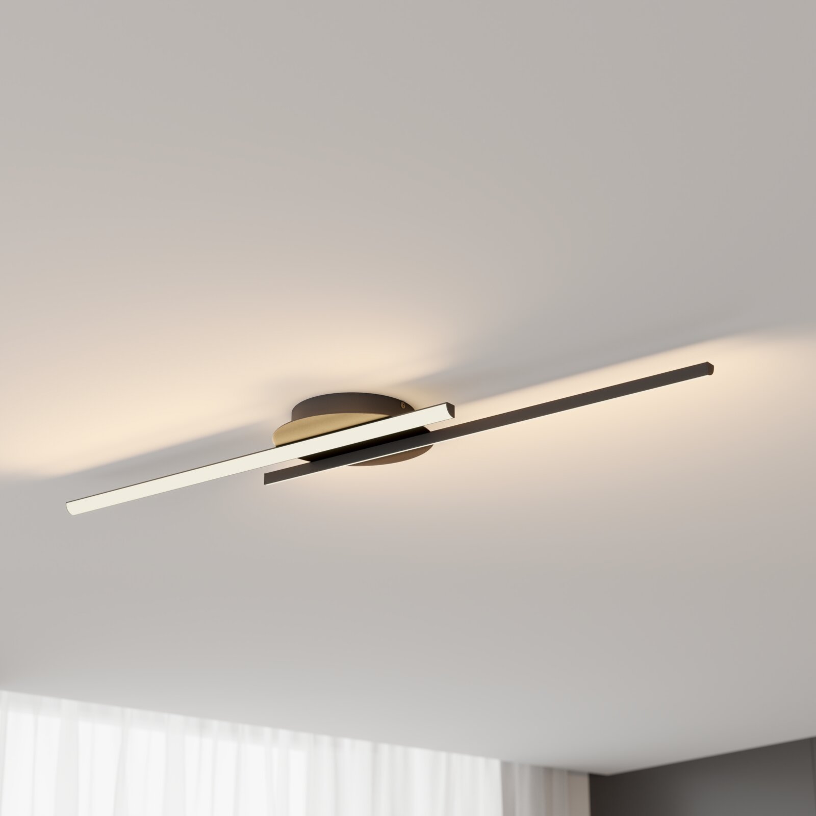 Novel LED-Deckenleuchte DOMBAY Moderne LED-Deckenleuchte mit zwei langen, schmalen Leuchtstreifen, seitliche Perspektive