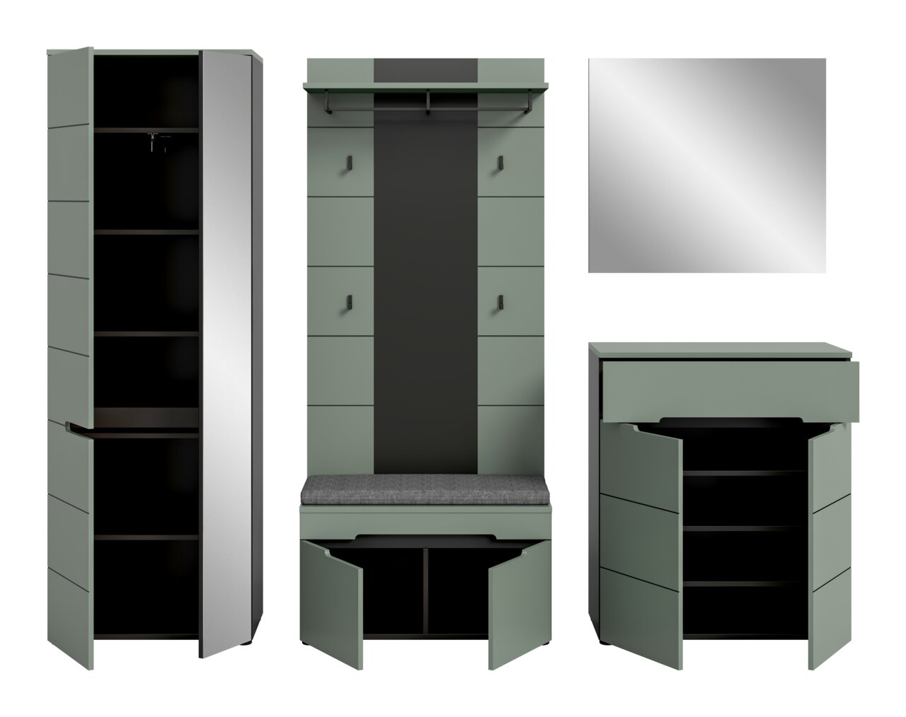 Moderne Garderobenmöbel in Salbeigrün und Schwarz: hoher Schrank mit offener Tür (Frontansicht), Garderobenpaneel mit Haken und Sitzbank (Frontansicht), rechteckiger Spiegel (Frontansicht) sowie Kommode/Schuhschrank mit geöffneter Tür (Frontansicht)