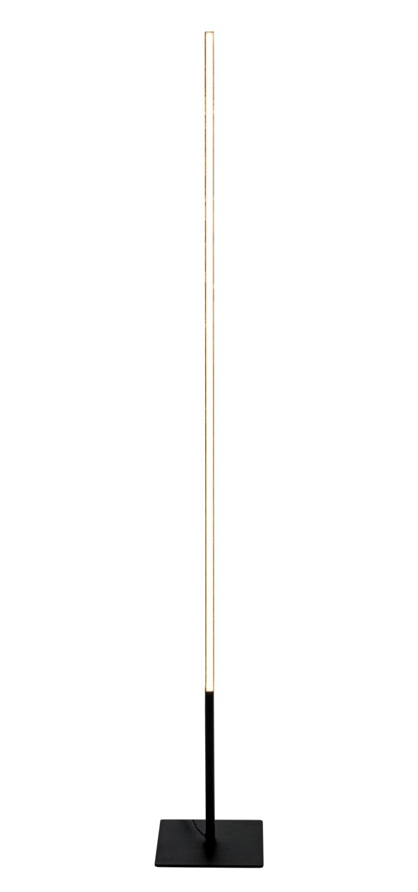 Schlanke LED-Stehleuchte mit rechteckigem Sockel, frontal abgebildet.