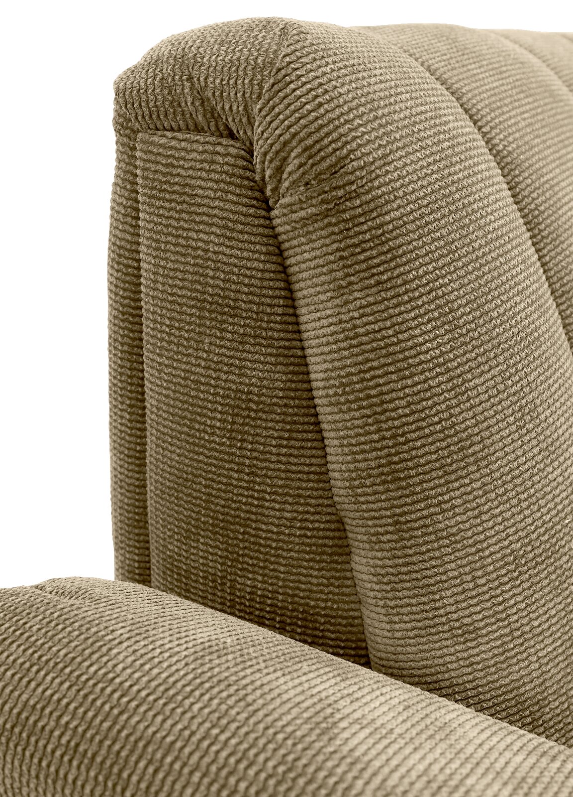 Nahaufnahme einer beige gestreiften Polsterung einer 2er-Sitzbank, seitliche Perspektive