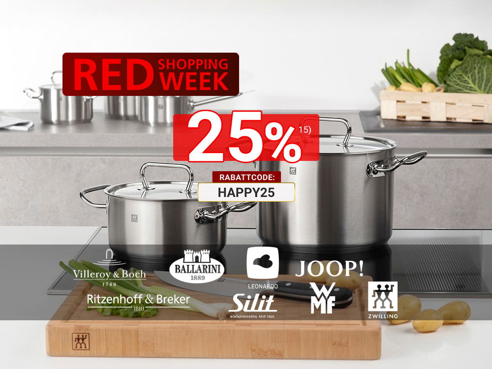 Edelstahl-Kochtöpfe auf Herd, Schneidebrett mit Messer und Gemüse, Red Week Aktion mit Markenlogos