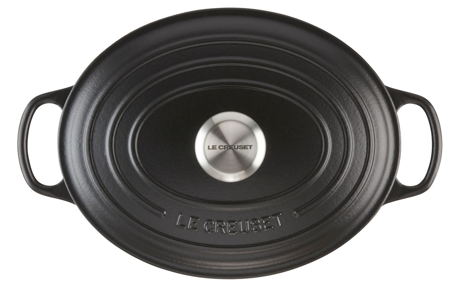 Schwarzer ovaler Bräter von Le Creuset, Draufsicht mit zwei Griffen und Edelstahlknauf.