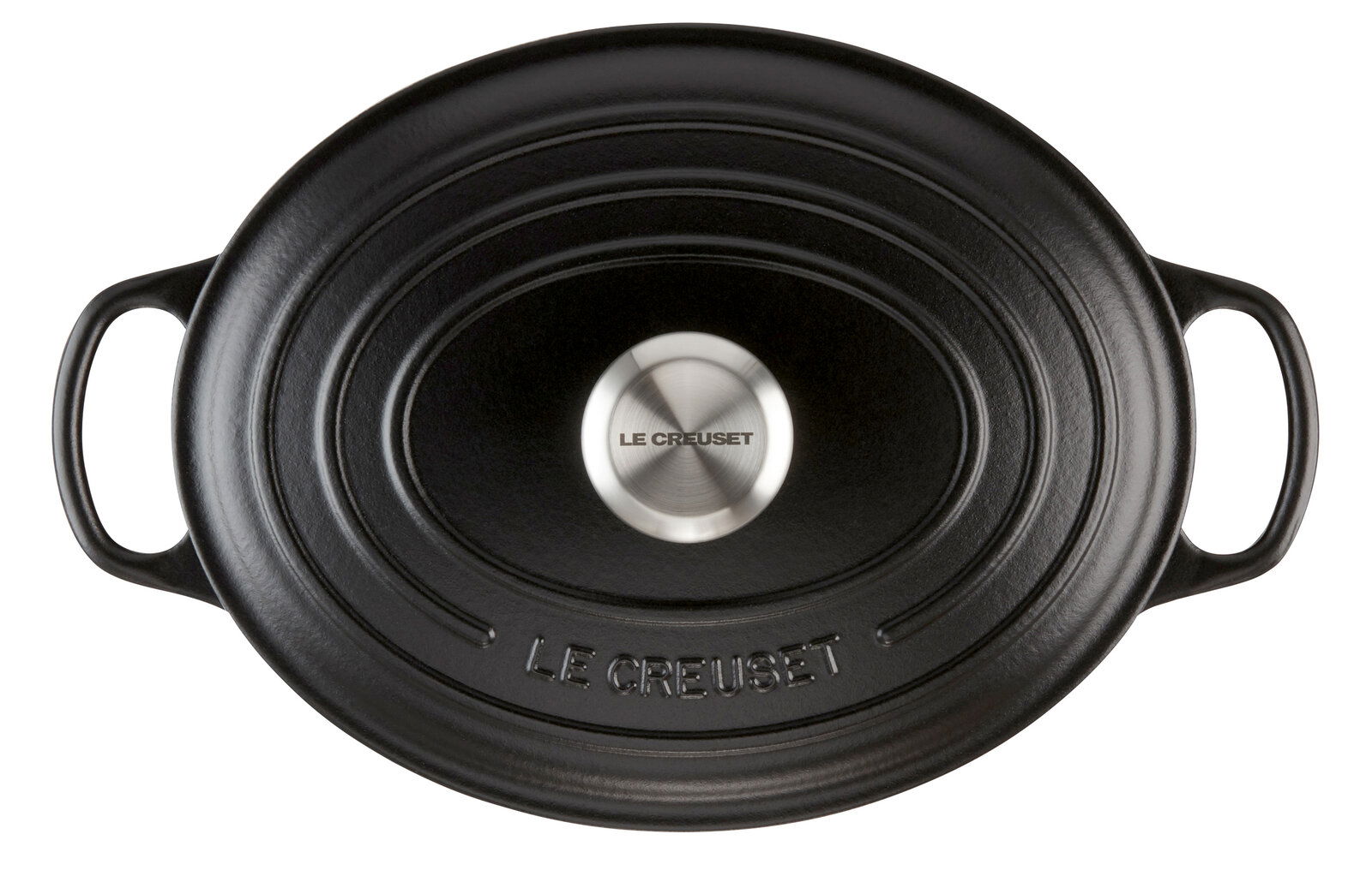 Schwarzer ovaler Bräter von Le Creuset, Draufsicht mit zwei Griffen und Edelstahlknauf.