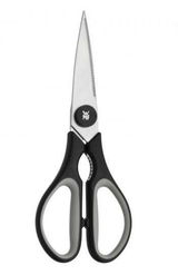 Schwarze WMF Küchenschere Touch, frontal abgebildet mit ergonomischen Griffen und scharfen Klingen.