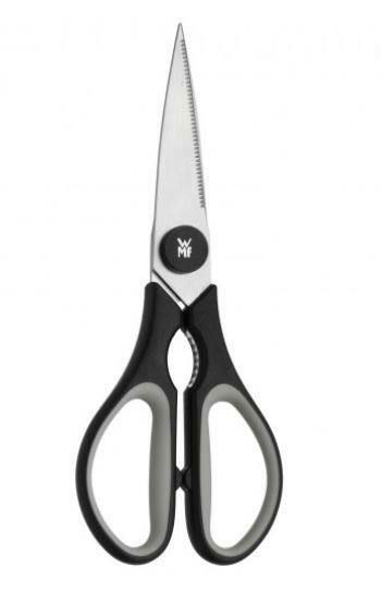 Schwarze WMF Küchenschere Touch, frontal abgebildet mit ergonomischen Griffen und scharfen Klingen.