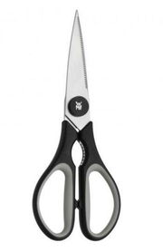 Schwarze WMF Küchenschere Touch, frontal abgebildet mit ergonomischen Griffen und scharfen Klingen.