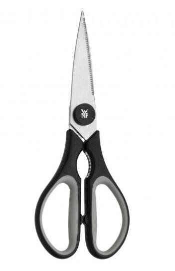 WMF Küchenschere TOUCH Schwarze WMF Küchenschere Touch, frontal abgebildet mit ergonomischen Griffen und scharfen Klingen.