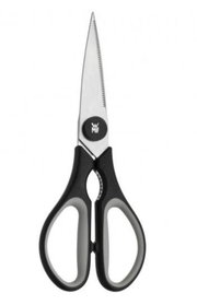 Schwarze WMF Küchenschere Touch, frontal abgebildet mit ergonomischen Griffen und scharfen Klingen.