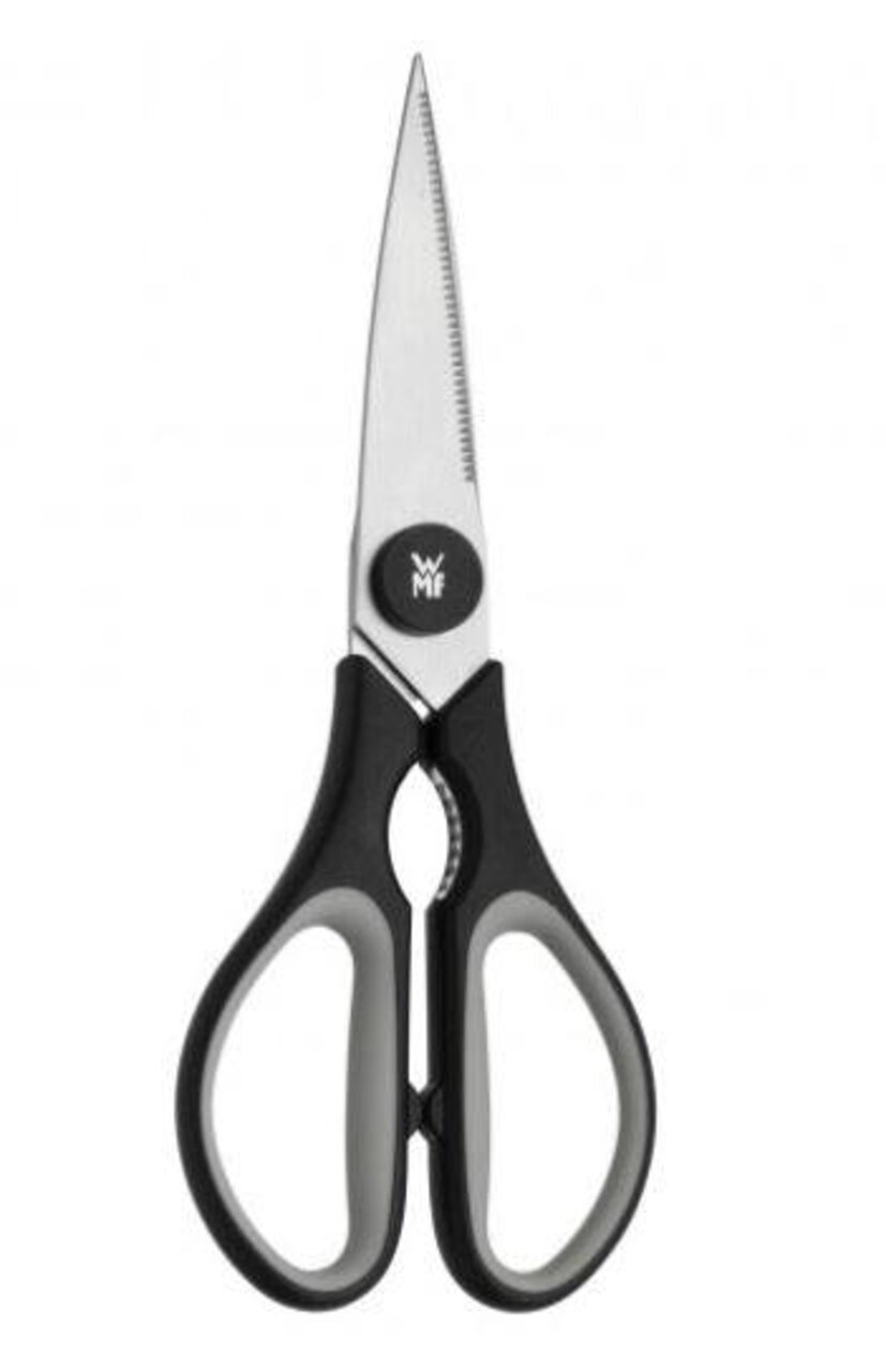 Schwarze WMF Küchenschere Touch, frontal abgebildet mit ergonomischen Griffen und scharfen Klingen.