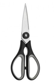 Schwarze WMF Küchenschere Touch, frontal abgebildet mit ergonomischen Griffen und scharfen Klingen.