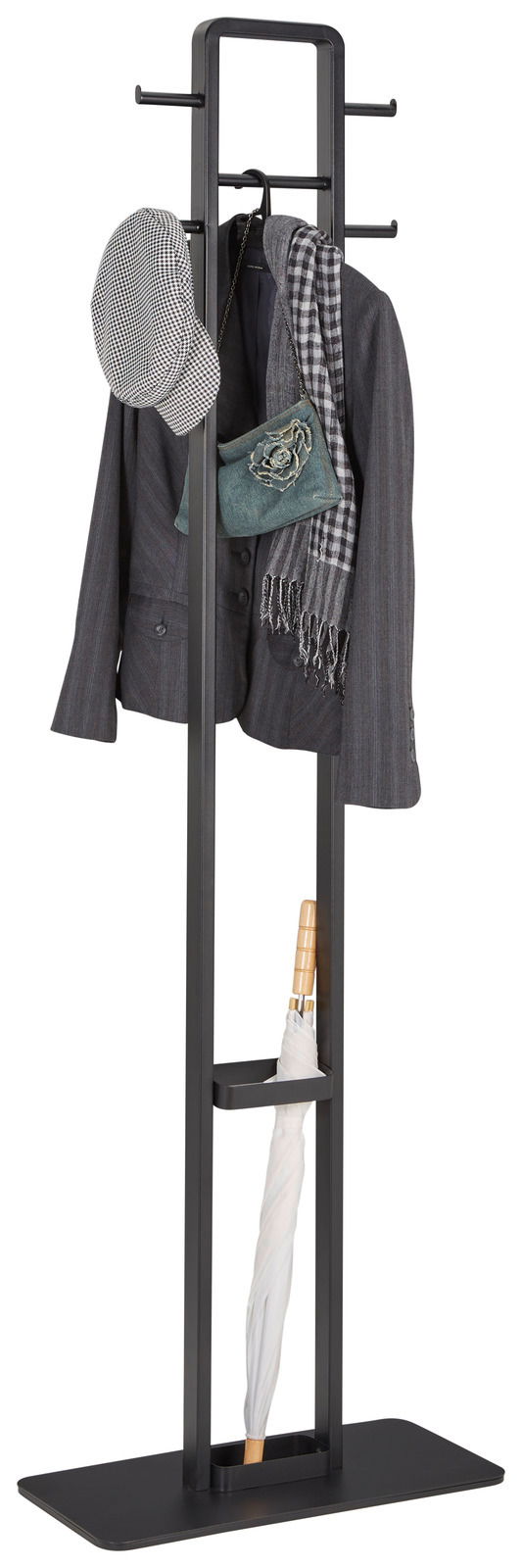 Moderner Garderobenständer aus schwarzem Metall mit Haken für Kleidung und Ablage für Regenschirme, frontal abgebildet.