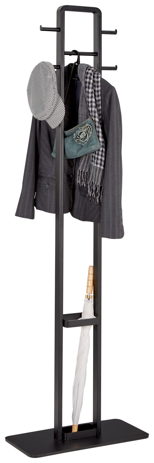 Moderner Garderobenständer aus schwarzem Metall mit Haken für Kleidung und Ablage für Regenschirme, frontal abgebildet.