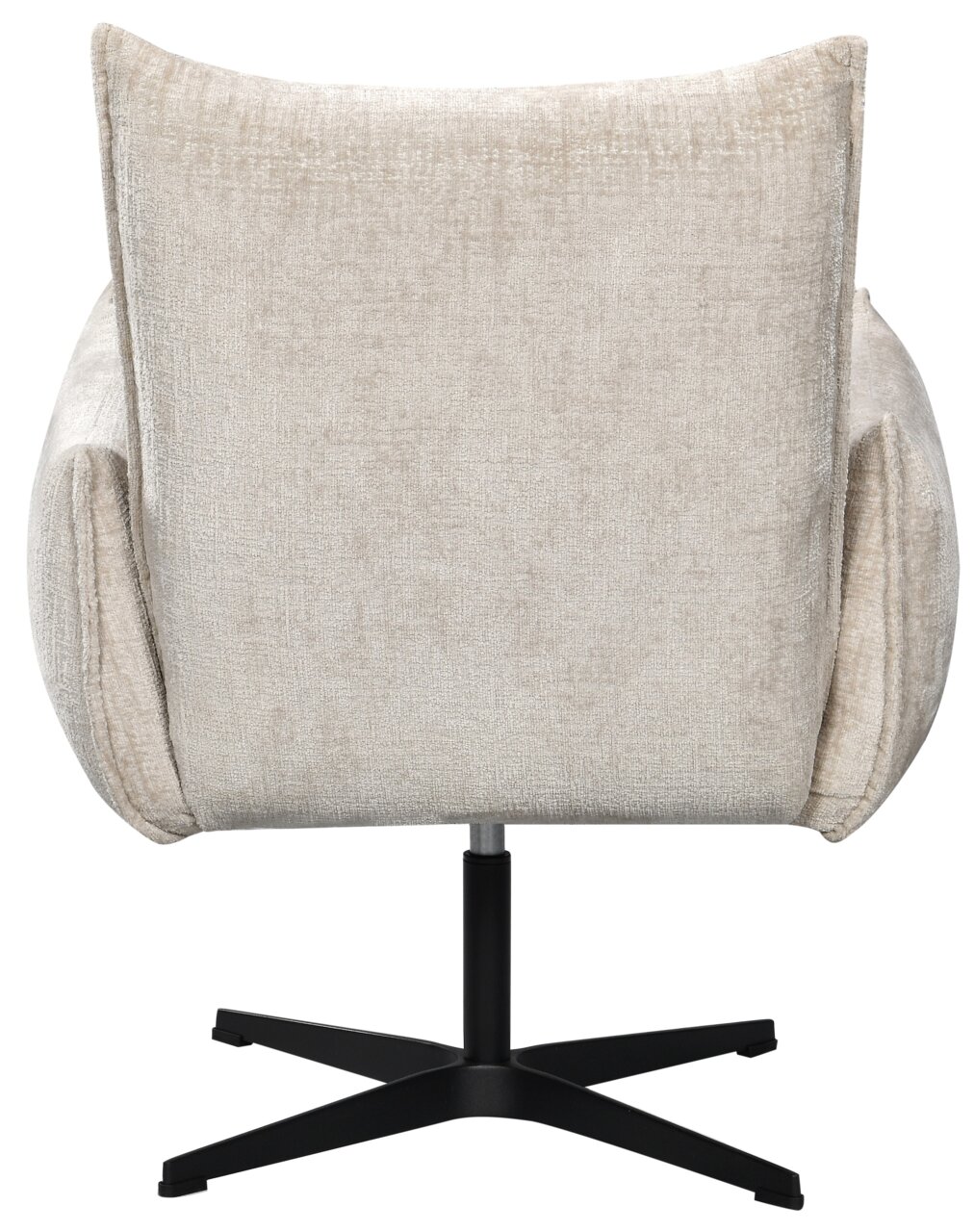Achterkant van een beige relaxfauteuil met een zwart draaipoot.