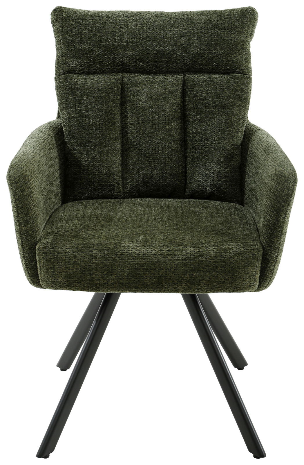 Grüner Armlehnstuhl mit gepolsterter Rückenlehne und Metallbeinen, Frontalansicht